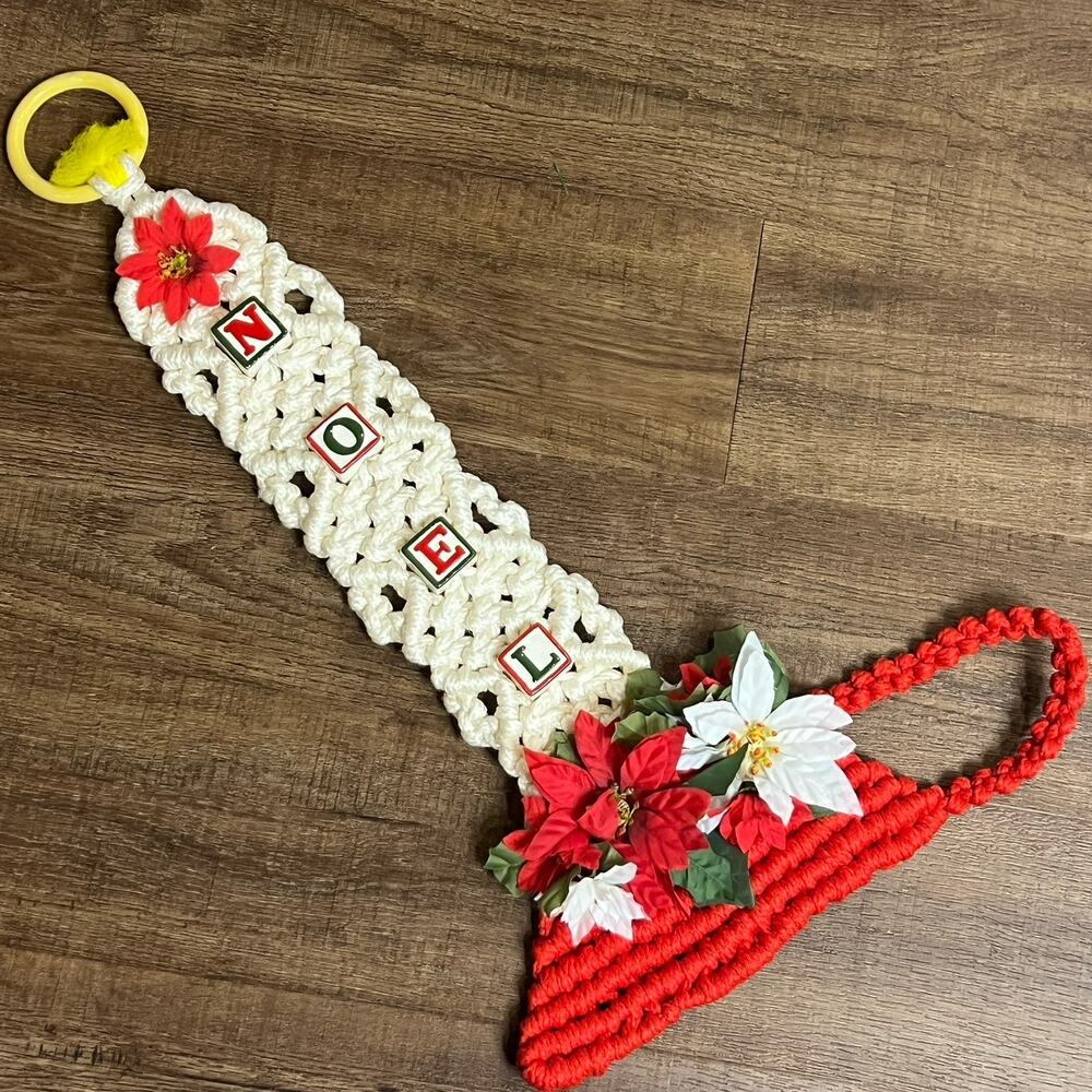 Vintage Christmas Candle Macrame Noel Blocks Holiday Decor Hanging 1970s 25"